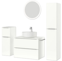 Badezimmerensemble mit Waschtisch, Aufsatzwaschbecken, Spiegelschrank und Hochschrank