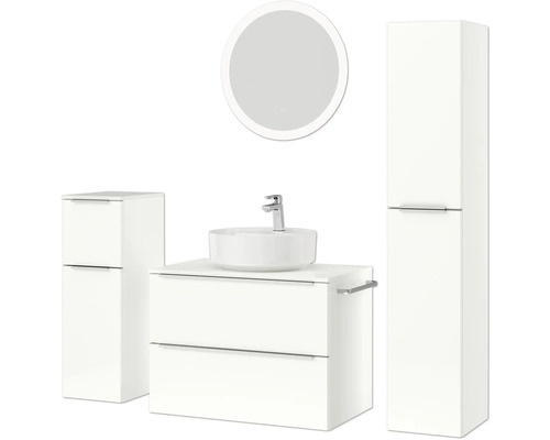 Badezimmerensemble mit Waschtisch, Aufsatzwaschbecken, Spiegelschrank und Hochschrank
