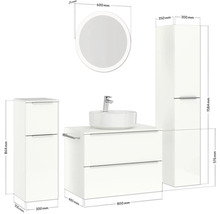 Badezimmer-Set mit Waschtischunterschrank, Aufsatzwaschbecken, Spiegelschrank und Hochschrank mit Maßangaben