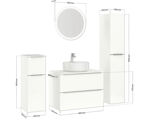Badezimmer-Set mit Waschtischunterschrank, Aufsatzwaschbecken, Spiegelschrank und Hochschrank mit Maßangaben