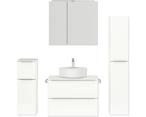 Badmöbel-Set NOBILIA Programm 3 BxHxT 160 x 169,1 x 48,7 cm Frontfarbe weiß hochglanz mit Aufsatz-Waschtisch und Spiegelschrank 2-türig mit LED-Beleuchtung Unterschrank Midischrank Griffleiste chrom matt 418 Badezimmerensemble mit Waschtisch, Aufsatzwaschbecken, Spiegelschrank und Hochschränken