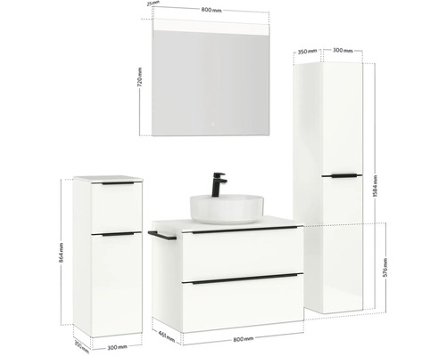 Badezimmer Möbelset mit Waschtisch, Waschbecken, Spiegelschrank und Hochschrank mit Abmessungen