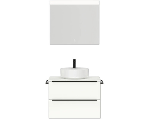 Badmöbel-Set NOBILIA Programm 3 BxHxT 81 x 169,1 x 48,7 cm Frontfarbe weiß hochglanz mit Aufsatz-Waschtisch weiß und Spiegel mit LED-Beleuchtung Griffleiste schwarz 387