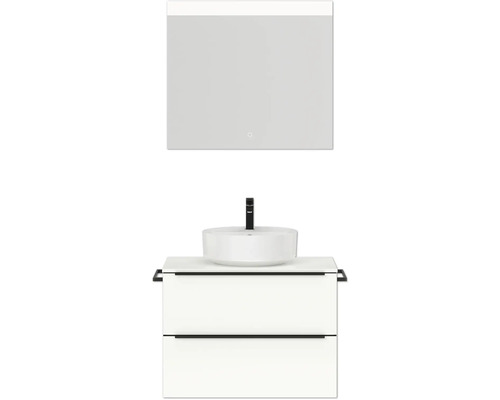 Badmöbel-Set NOBILIA Programm 3 BxHxT 81 x 169,1 x 48,7 cm Frontfarbe weiß hochglanz mit Aufsatz-Waschtisch weiß und Spiegel mit LED-Beleuchtung Griffleiste schwarz 387 Waschtischkombination mit Aufsatzwaschbecken und Spiegel für das Badezimmer