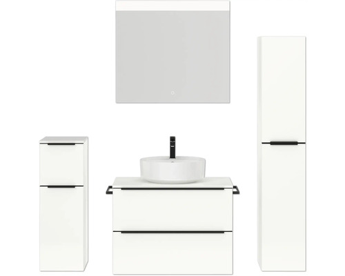 Badmöbel-Set NOBILIA Programm 3 BxHxT 160 x 169,1 x 48,7 cm Frontfarbe weiß hochglanz mit Aufsatz-Waschtisch weiß und Spiegel mit LED-Beleuchtung Midischrank Unterschrank Griffleiste schwarz 411