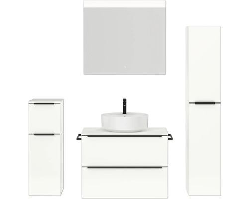 Badmöbel-Set NOBILIA Programm 3 BxHxT 160 x 169,1 x 48,7 cm Frontfarbe weiß hochglanz mit Aufsatz-Waschtisch weiß und Spiegel mit LED-Beleuchtung Midischrank Unterschrank Griffleiste schwarz 411 Badezimmer-Set mit Waschtisch, Waschbecken, Spiegelschrank und Hochschrank