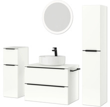 Badezimmerensemble mit Waschtisch, Aufsatzwaschbecken, Spiegelschrank und Hochschrank
