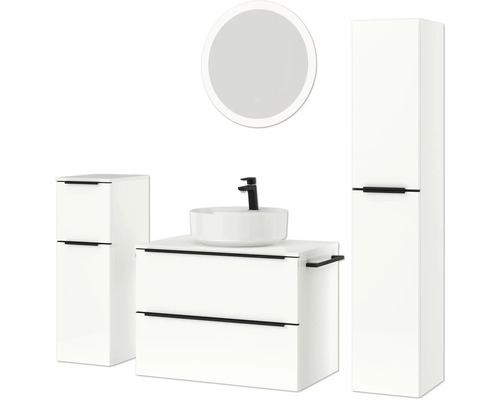 Badezimmerensemble mit Waschtisch, Aufsatzwaschbecken, Spiegelschrank und Hochschrank