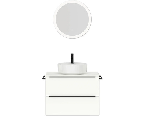 Badmöbel-Set NOBILIA Programm 3 BxHxT 81 x 169,1 x 48,7 cm Frontfarbe weiß hochglanz mit Aufsatz-Waschtisch weiß und Spiegel rund mit LED-Beleuchtung Griffleiste schwarz 403