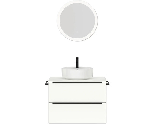 Badmöbel-Set NOBILIA Programm 3 BxHxT 81 x 169,1 x 48,7 cm Frontfarbe weiß hochglanz mit Aufsatz-Waschtisch weiß und Spiegel rund mit LED-Beleuchtung Griffleiste schwarz 403 Badezimmerensemble mit Waschbecken, Unterschrank und rundem Spiegel mit Beleuchtung
