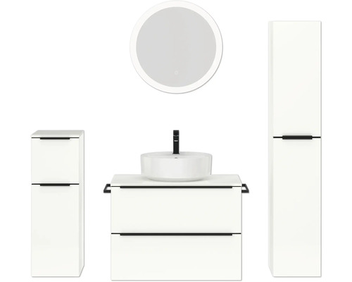 Badmöbel-Set NOBILIA Programm 3 BxHxT 160 x 169,1 x 48,7 cm Frontfarbe weiß hochglanz mit Aufsatz-Waschtisch weiß und Spiegel rund mit LED-Beleuchtung Midischrank Unterschrank Griffleiste schwarz 427 Badezimmerensemble mit Waschtisch, Spiegel und Hochschrank