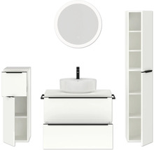 Badezimmerensemble mit Waschtisch, Aufsatzwaschbecken, Spiegelschrank und Hochschrank
