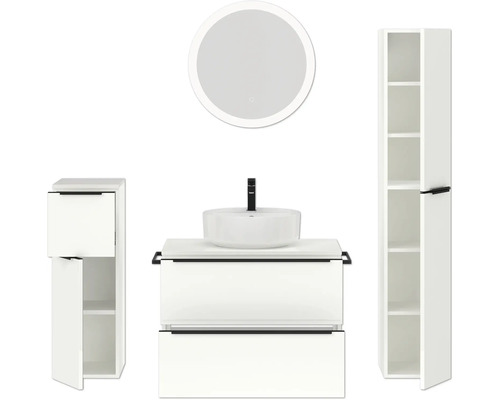 Badezimmerensemble mit Waschtisch, Aufsatzwaschbecken, Spiegelschrank und Hochschrank