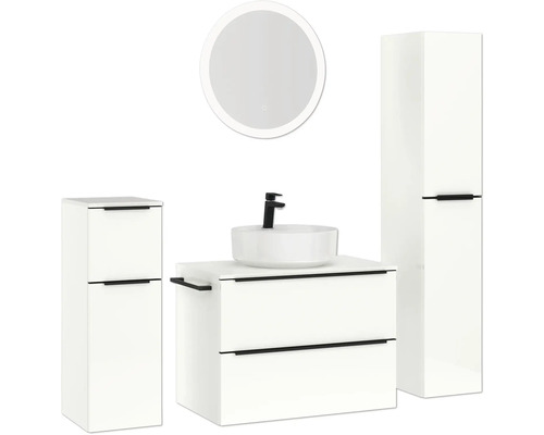 Badezimmer-Set mit Waschbeckenunterschrank, Aufsatzwaschbecken, Spiegelschrank und Hochschrank
