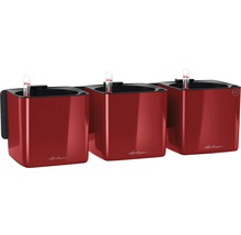 Drei rote Lechuza Cube Glossi Pflanzgefäße mit Bewässerungssystem