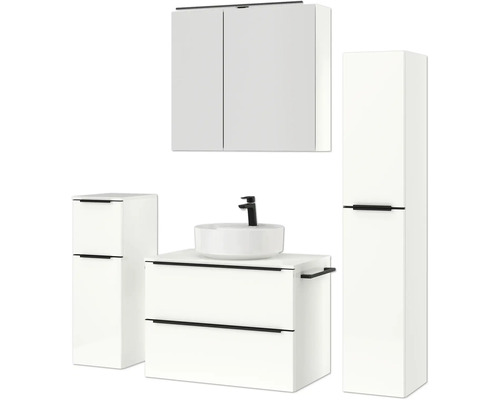 Badezimmer-Set mit Waschtisch, Aufsatzwaschbecken, Spiegelschrank und Hochschrank