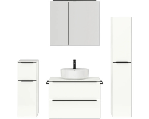Badmöbel-Set NOBILIA Programm 3 BxHxT 160 x 169,1 x 48,7 cm Frontfarbe weiß hochglanz mit Aufsatz-Waschtisch und Spiegelschrank 2-türig mit LED-Beleuchtung Unterschrank Midischrank Griffleiste schwarz Badezimmer-Set mit Waschtisch, Waschbecken, Spiegelschrank und Hochschrank