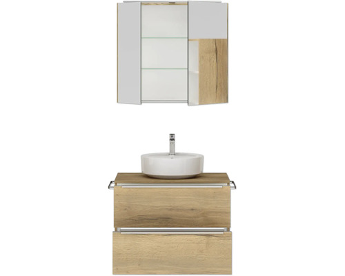 Badezimmer-Set mit Waschbecken, Waschtischunterschrank und Spiegelschrank im Holzdekor