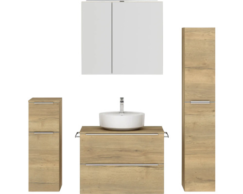 Badmöbel-Set NOBILIA Programm 3 BxHxT 160 x 169,1 x 48,7 cm Frontfarbe eiche natur mit Aufsatz-Waschtisch und Spiegelschrank 2-türig mit LED-Beleuchtung Unterschrank Midischrank Griffleiste chrom matt 422 Badezimmerset mit Waschbecken, Spiegelschrank und Seitenschränken