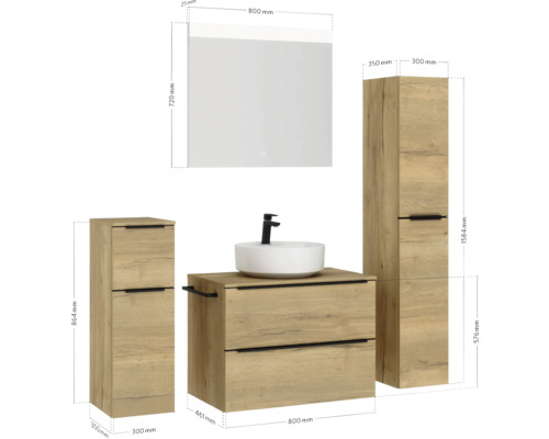 Badezimmer-Set mit Waschtischunterschrank, Aufsatzwaschbecken, Spiegelschrank und Hochschrank