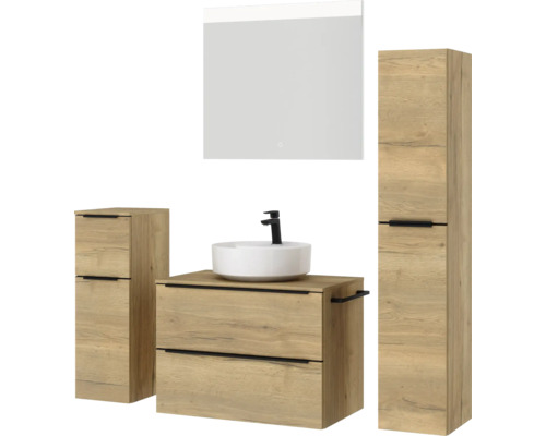 Badezimmermöbelset mit Waschtisch, Waschbecken, Spiegelschrank und Hochschrank in Holzoptik