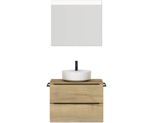 Badmöbel-Set NOBILIA Programm 3 BxHxT 81 x 169,1 x 48,7 cm Frontfarbe eiche natur mit Aufsatz-Waschtisch weiß und Spiegel mit LED-Beleuchtung Griffleiste schwarz 391 Waschtisch mit Spiegel, Aufsatzwaschbecken und Unterschrank mit Schubladen