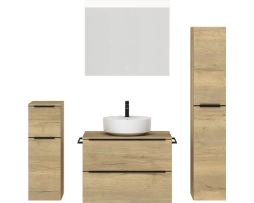 Badmöbel-Set NOBILIA Programm 3 BxHxT 160 x 169,1 x 48,7 cm Frontfarbe eiche natur mit Aufsatz-Waschtisch weiß und Spiegel mit LED-Beleuchtung Midischrank Unterschrank Griffleiste schwarz 415 Badezimmer-Set mit Waschtisch, Aufsatzwaschbecken, Spiegelschrank und zwei Hochschränken in Holzoptik