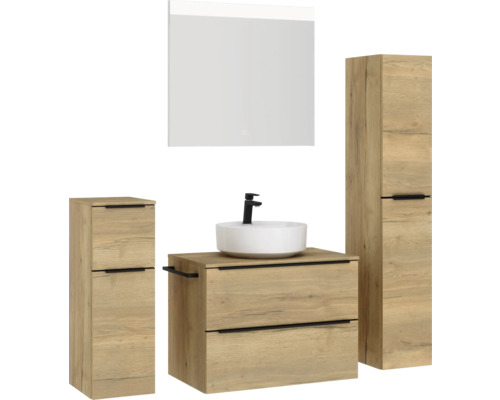Badezimmer-Set mit Waschtisch, Aufsatzwaschbecken, Spiegelschrank und Hochschränken im Holzdesign