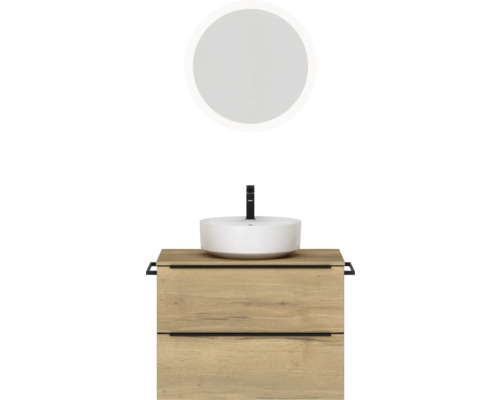 Badmöbel-Set NOBILIA Programm 3 BxHxT 81 x 169,1 x 48,7 cm Frontfarbe eiche natur mit Aufsatz-Waschtisch weiß und Spiegel rund mit LED-Beleuchtung Griffleiste schwarz 407 Badezimmerensemble mit Waschtischunterschrank, Aufsatzwaschbecken und Spiegel