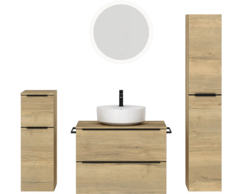 Badmöbel-Set NOBILIA Programm 3 BxHxT 160 x 169,1 x 48,7 cm Frontfarbe eiche natur mit Aufsatz-Waschtisch weiß und Spiegel rund mit LED-Beleuchtung Midischrank Unterschrank Griffleiste schwarz 431 Badezimmer-Set mit Waschtisch, Waschbecken, Spiegelschrank und Hochschrank