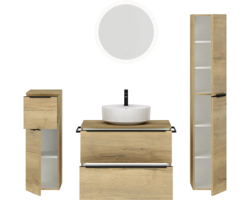 Badezimmerensemble mit Waschtisch, Aufsatzwaschbecken, Spiegelschrank und Hochschrank