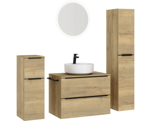 Badezimmermöbel Set mit Waschbecken, Unterschrank, Spiegelschrank und Hochschrank