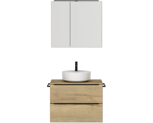 Badmöbel-Set NOBILIA Programm 3 BxHxT 81 x 169,1 x 48,7 cm Frontfarbe eiche natur mit Aufsatz-Waschtisch und Spiegelschrank 2-türig mit LED-Beleuchtung Griffleiste schwarz 399 Badezimmer mit Waschtischunterschrank, Aufsatzwaschbecken und Spiegelschrank