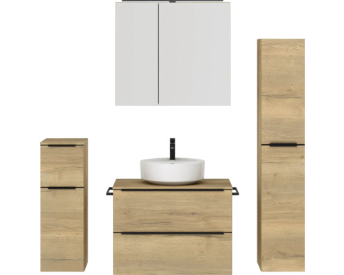 Badmöbel-Set NOBILIA Programm 3 BxHxT 160 x 169,1 x 48,7 cm Frontfarbe eiche natur mit Aufsatz-Waschtisch und Spiegelschrank 2-türig mit LED-Beleuchtung Unterschrank Midischrank Griffleiste schwarz Badezimmer-Set mit Waschtisch, Aufsatzwaschbecken, Spiegelschrank und Hochschränken