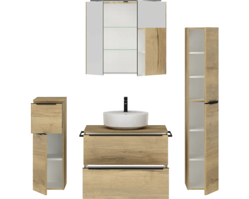 Badezimmermöbel Set mit Waschbecken, Waschbeckenunterschrank, Spiegelschrank und Hochschrank