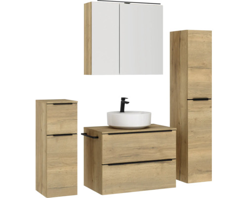 Badezimmer-Set mit Waschtisch, Aufsatzwaschbecken, Spiegelschrank und zwei Hochschränken
