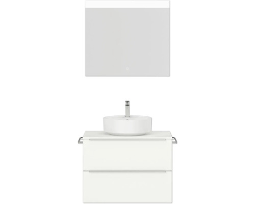 Badmöbel-Set NOBILIA Programm 3 BxHxT 81 x 169,1 x 48,7 cm Frontfarbe weiß matt mit Aufsatz-Waschtisch weiß und Spiegel mit LED-Beleuchtung Griffleiste chrom matt 384 Badezimmer mit Waschbecken, Unterschrank und Spiegel