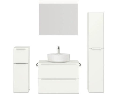 Badmöbel-Set NOBILIA Programm 3 BxHxT 160 x 169,1 x 48,7 cm Frontfarbe weiß matt mit Aufsatz-Waschtisch weiß und Spiegel mit LED-Beleuchtung Midischrank Unterschrank Griffleiste chrom matt 408 Badezimmer-Set mit Waschtisch, Waschbecken, Spiegelschrank und Hochschrank