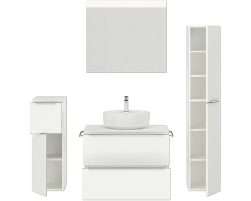 Badezimmer-Set mit Waschtisch, Spiegel, Waschbecken und Hochschränken