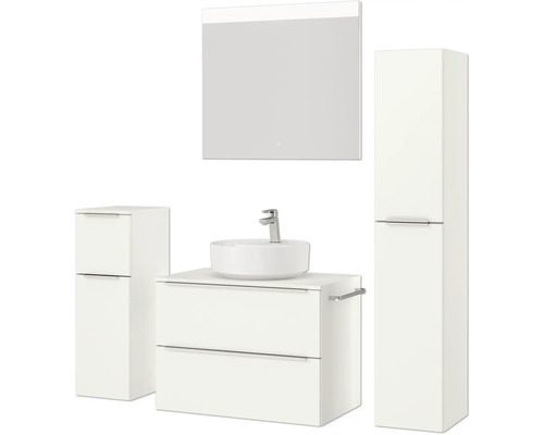 Badezimmer-Set mit Waschtisch, Aufsatzwaschbecken, Spiegelschrank und Hochschränken