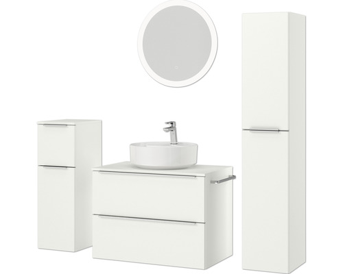 Badezimmer-Set mit Waschtisch, Aufsatzwaschbecken, Spiegelschrank und Hochschrank