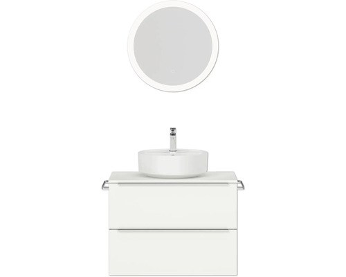 Badmöbel-Set NOBILIA Programm 3 BxHxT 81 x 169,1 x 48,7 cm Frontfarbe weiß matt mit Aufsatz-Waschtisch weiß und Spiegel rund mit LED-Beleuchtung Griffleiste chrom matt 400
