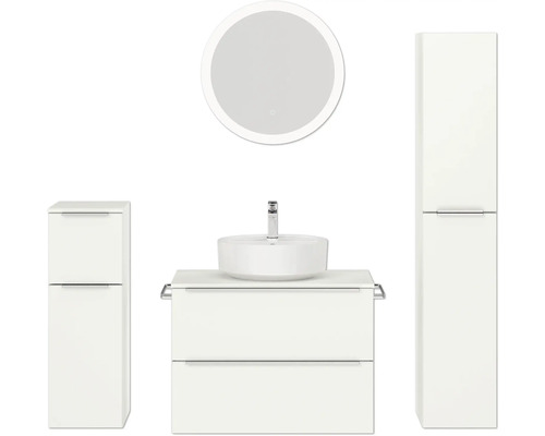 Badmöbel-Set NOBILIA Programm 3 BxHxT 160 x 169,1 x 48,7 cm Frontfarbe weiß matt mit Aufsatz-Waschtisch weiß und Spiegel rund mit LED-Beleuchtung Midischrank Unterschrank Griffleiste chrom matt 424 Modernes Badezimmer-Set mit Waschtisch, Aufsatzwaschbecken, Spiegelschrank und Hochschrank für eine stilvolle Badezimmergestaltung.