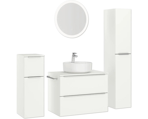 Weißes Badezimmerset mit Waschtisch, Waschbecken, Spiegelschrank und Hochschrank