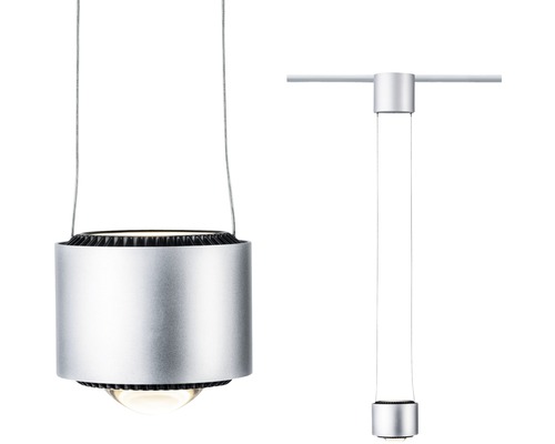 Zwei Ansichten einer silberfarbenen Hängeleuchte