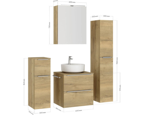 Badezimmermöbelset mit Spiegelschrank, Waschtischunterschrank und Hochschrank mit Maßen