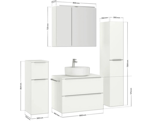 Weißes Badezimmermöbelset mit Waschbecken, Unterschrank, Hochschrank und Spiegelschrank