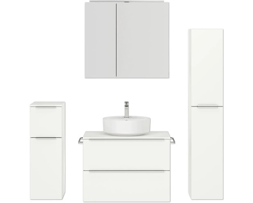 Badmöbel-Set NOBILIA Programm 3 BxHxT 160 x 169,1 x 48,7 cm Frontfarbe weiß matt mit Aufsatz-Waschtisch und Spiegelschrank 2-türig mit LED-Beleuchtung Unterschrank Midischrank Griffleiste chrom matt 416 Badezimmer-Set mit Waschbecken, Waschtischunterschrank, Hängeschrank und Hochschrank