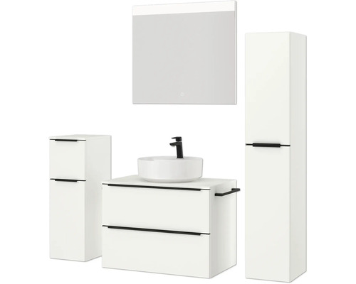 Badezimmerensemble mit Waschtisch, Aufsatzwaschbecken, Spiegelschrank und Hochschrank für eine helle und moderne Badezimmergestaltung