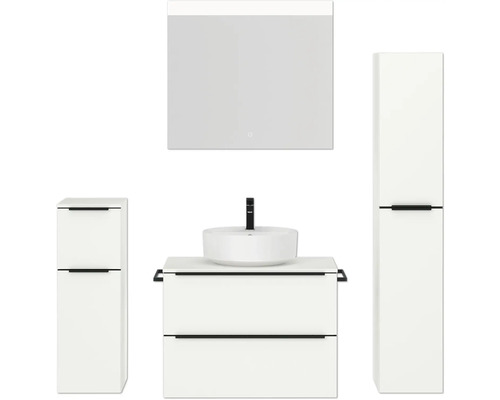 Badmöbel-Set NOBILIA Programm 3 BxHxT 160 x 169,1 x 48,7 cm Frontfarbe weiß matt mit Aufsatz-Waschtisch weiß und Spiegel mit LED-Beleuchtung Midischrank Unterschrank Griffleiste schwarz 409